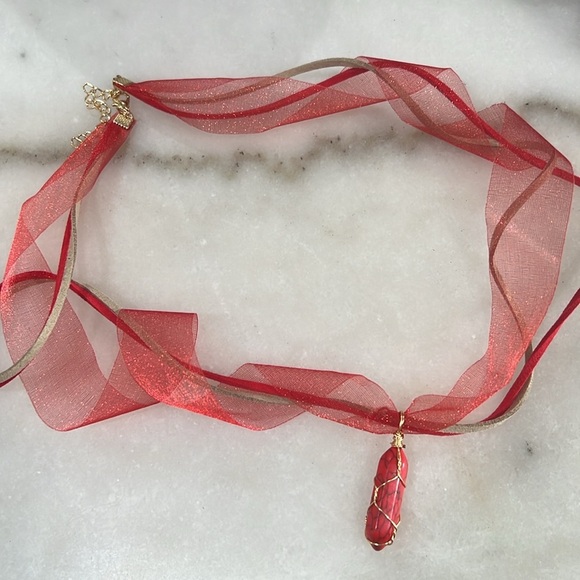 Red Ribbon and Vegan Leather with Howlite Pendant Necklace - Picture 3 of 5
